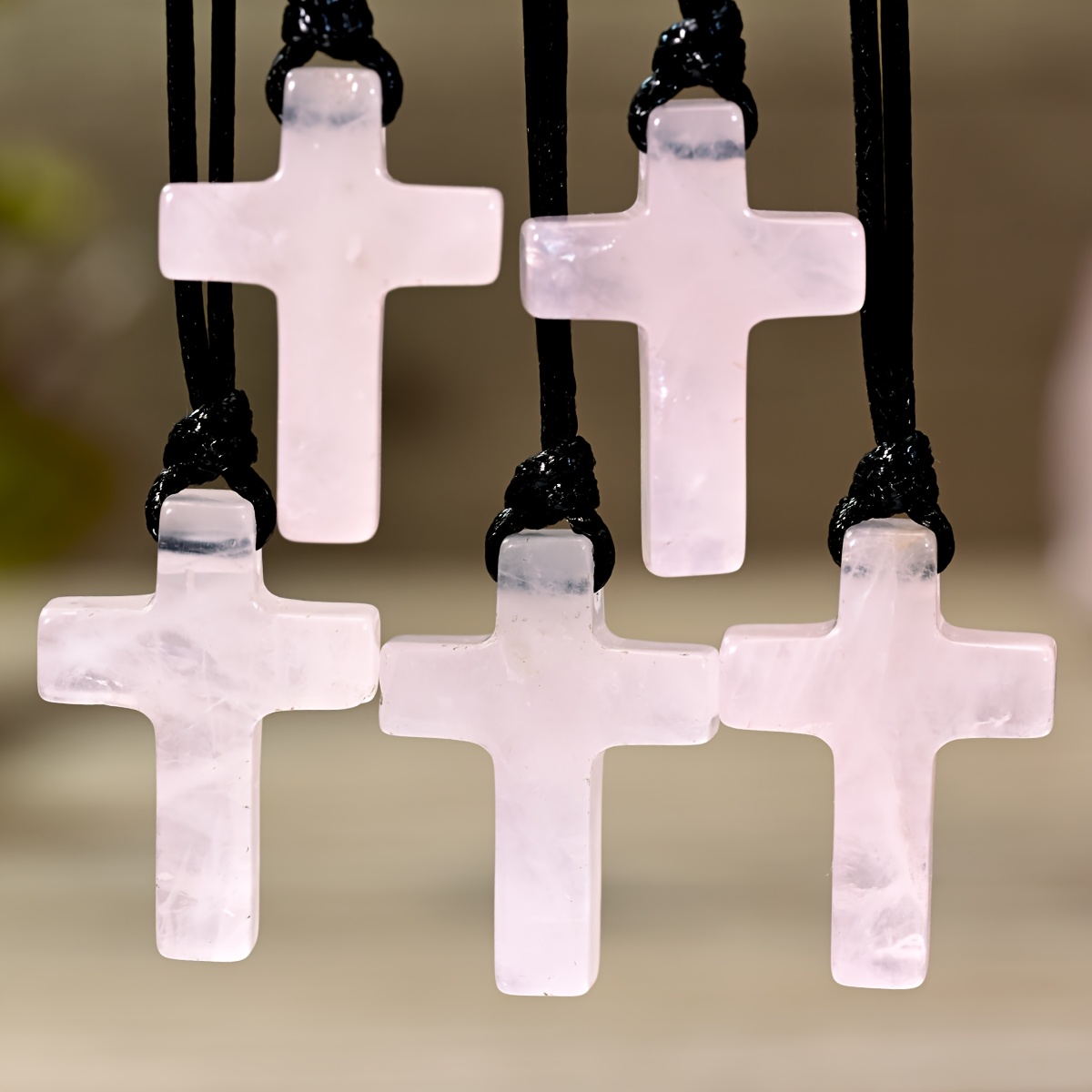 Rose Quartz Cross Pendant Necklace, Retro Style